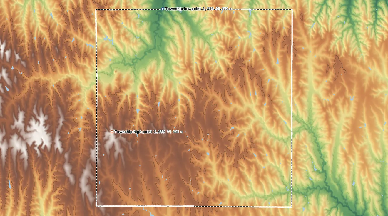 Topographic elevation map of Pawnee Township, Smith County, Kansas, shaded from 1,830 ft on the north side to 2,080 ft on the west side