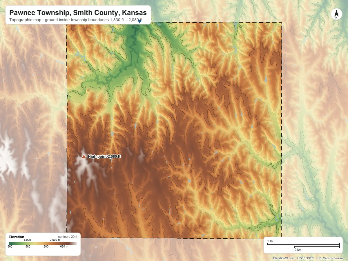Topographic elevation map of Pawnee Township, Smith County, Kansas, shaded from 1,830 ft on the north side to 2,080 ft on the west side