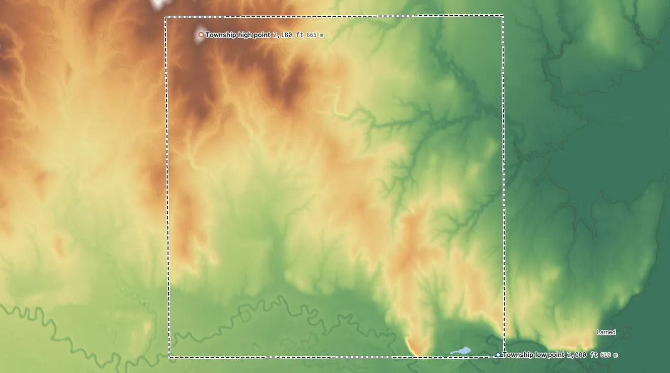 Topographic elevation map of Pawnee Township, Kansas, shaded from 2,000 ft on the east side to 2,180 ft on the northwest side