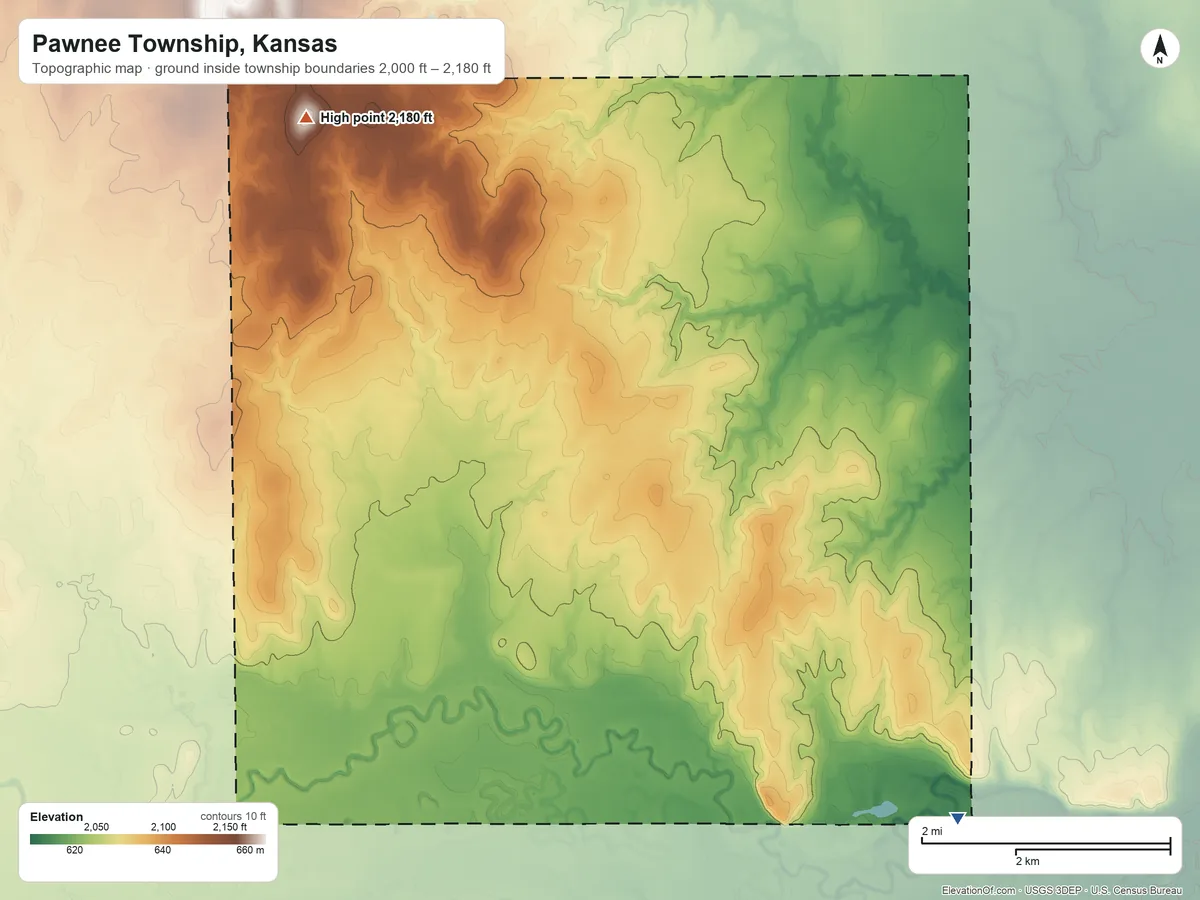 Topographic elevation map of Pawnee Township, Kansas, shaded from 2,000 ft on the east side to 2,180 ft on the northwest side