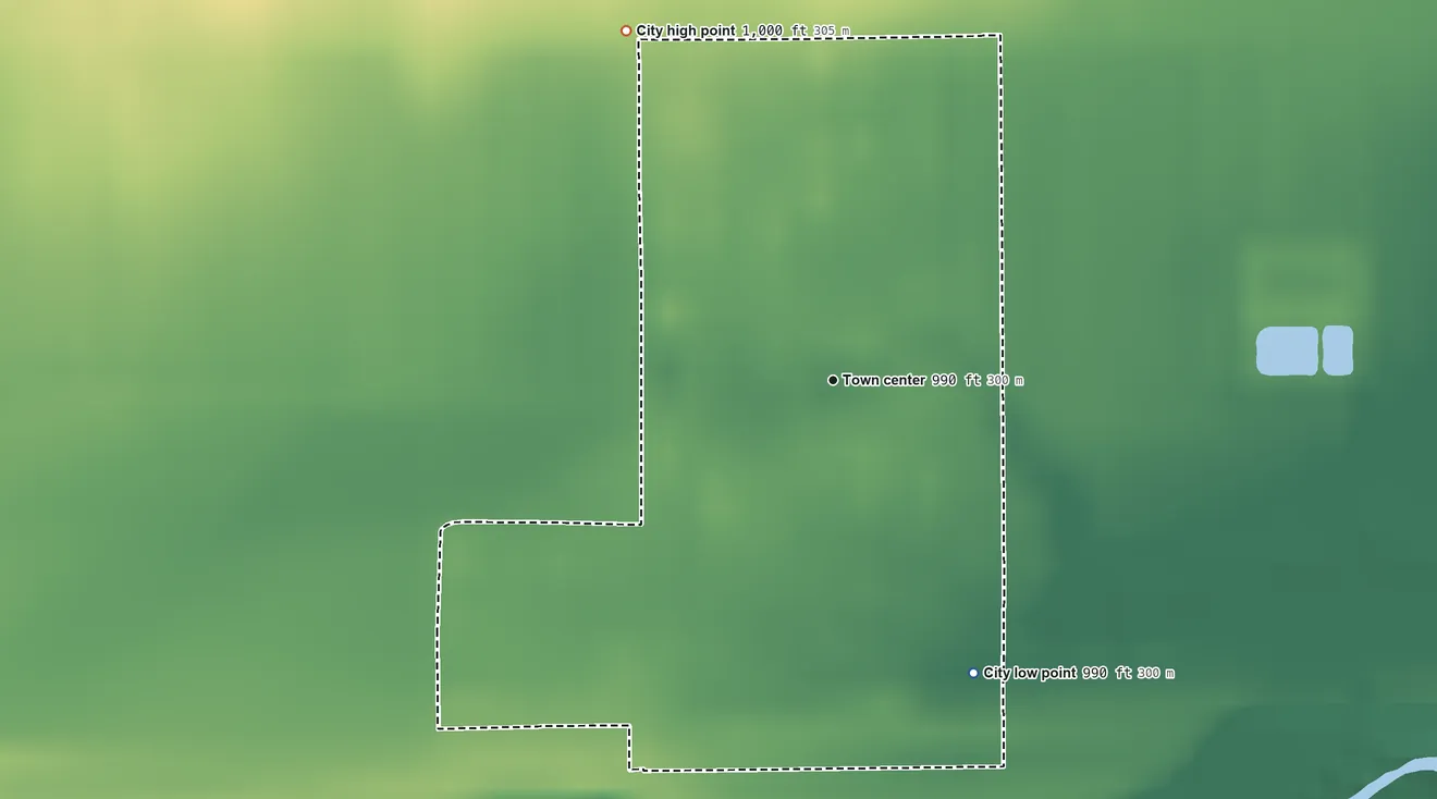 Topographic elevation map of Paxico, Kansas, shaded from 990 ft on the southeast side to 1,000 ft on the northwest side