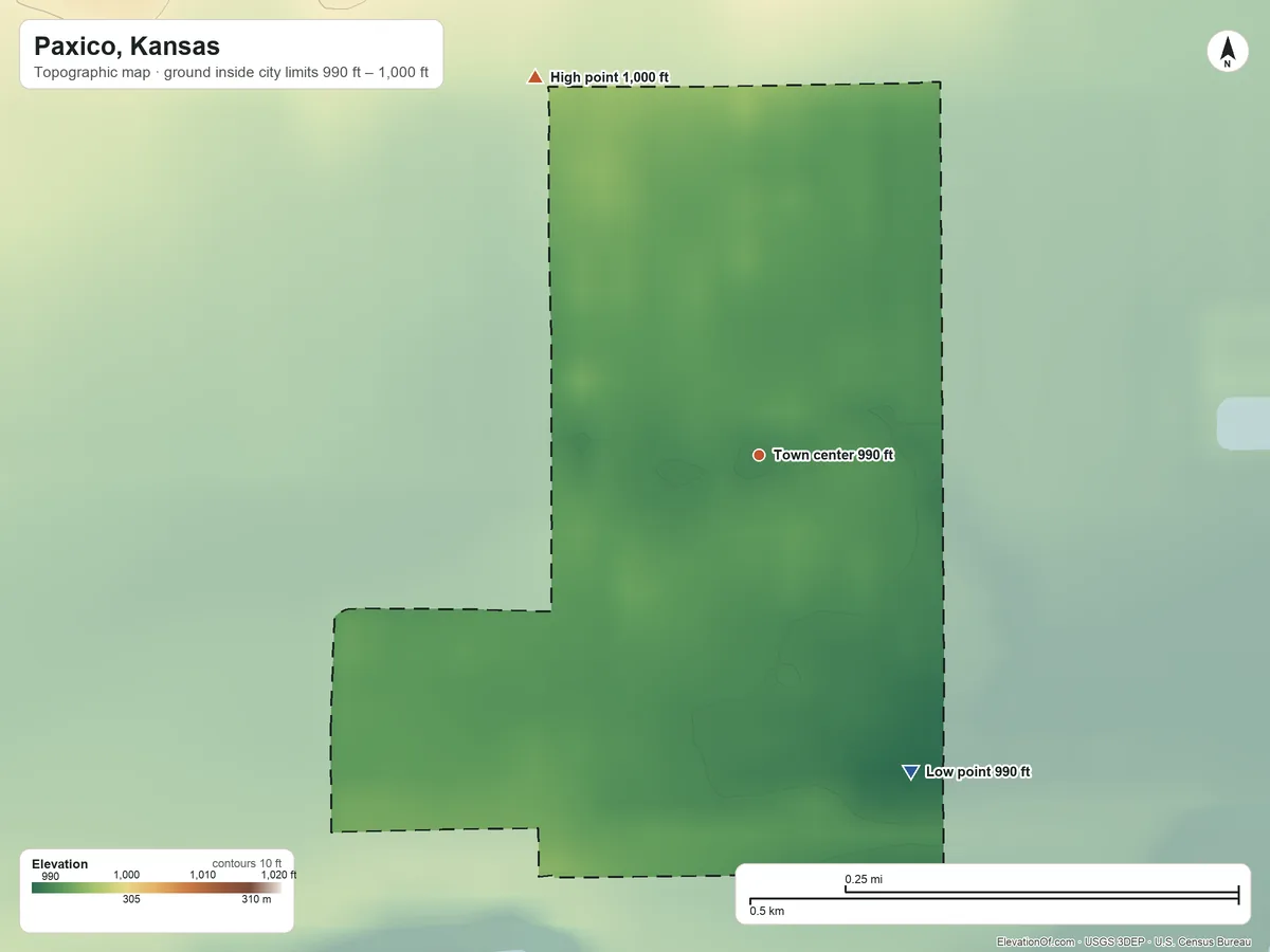 Topographic elevation map of Paxico, Kansas, shaded from 990 ft on the southeast side to 1,000 ft on the northwest side