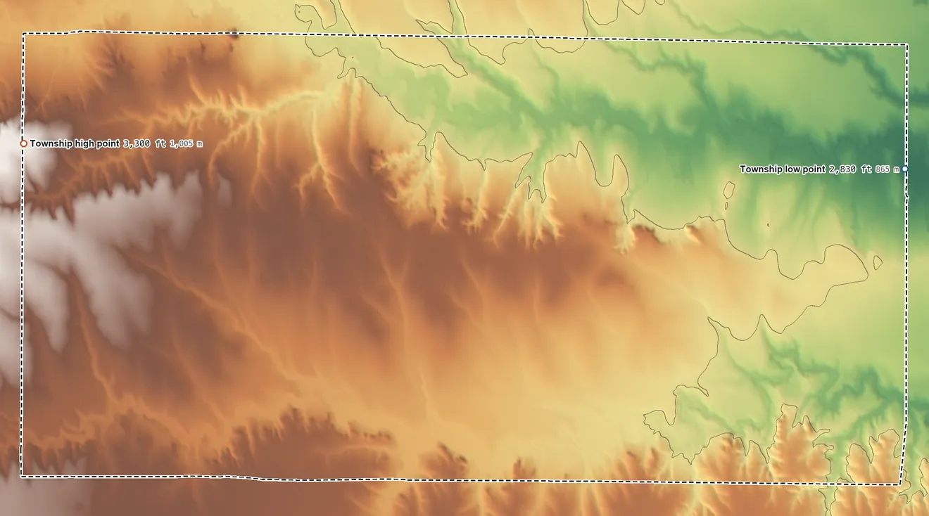 Topographic elevation map of Paxton Township, Kansas, shaded from 2,830 ft on the northeast side to 3,300 ft on the west side