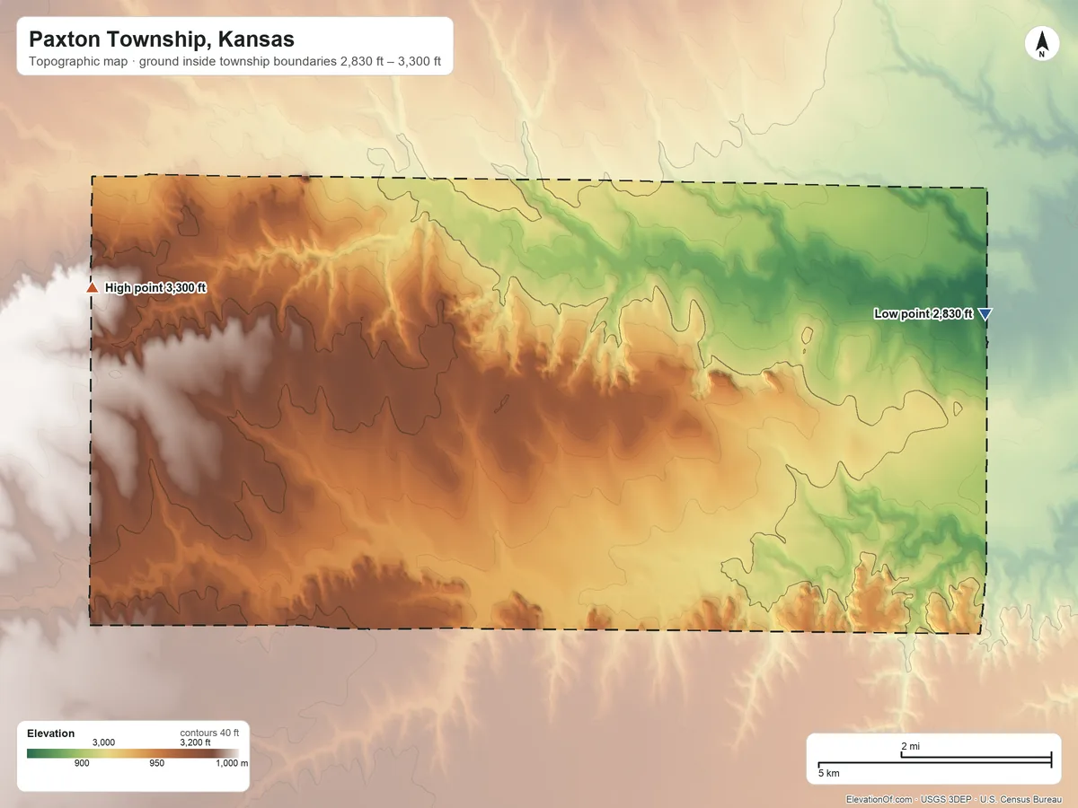 Topographic elevation map of Paxton Township, Kansas, shaded from 2,830 ft on the northeast side to 3,300 ft on the west side