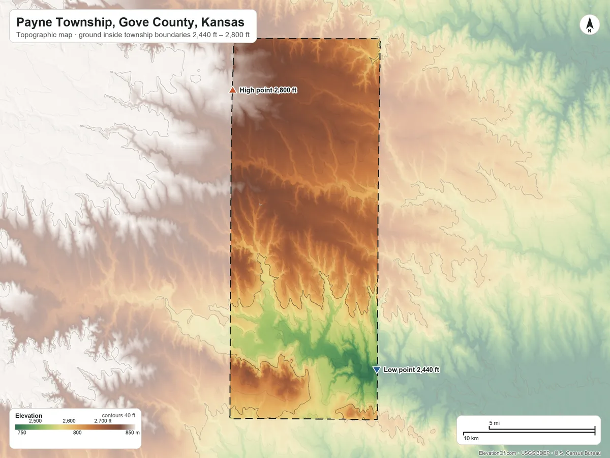 Topographic elevation map of Payne Township, Gove County, Kansas, shaded from 2,440 ft on the south side to 2,800 ft on the northwest side