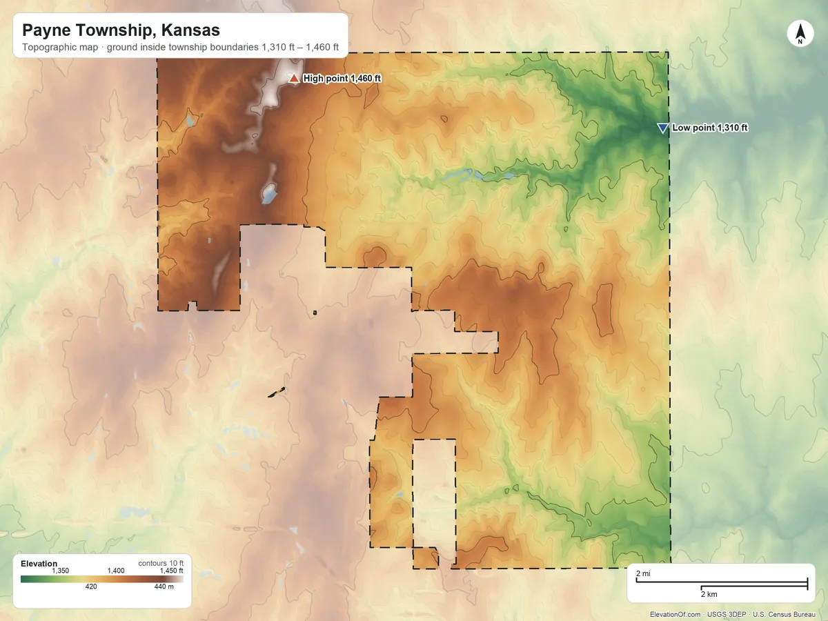 Topographic elevation map of Payne Township, Kansas, shaded from 1,310 ft on the northeast side to 1,460 ft on the northwest side