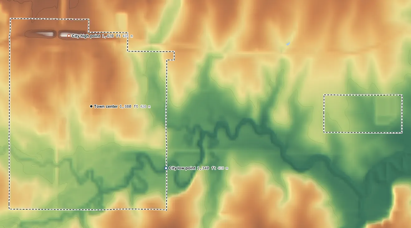 Topographic elevation map of Peabody, Kansas, shaded from 1,340 ft on the southeast side to 1,420 ft on the north side