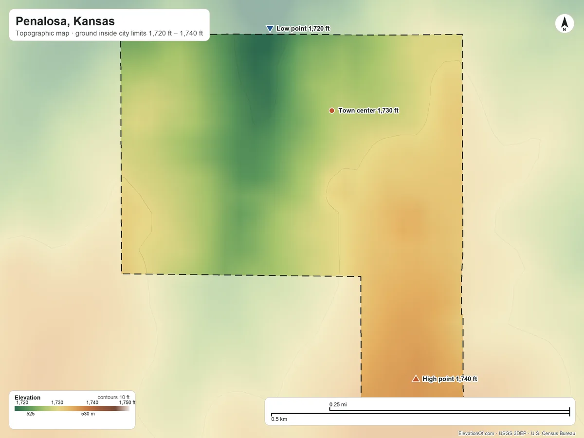 Topographic elevation map of Penalosa, Kansas, shaded from 1,720 ft on the northwest side to 1,740 ft on the south side