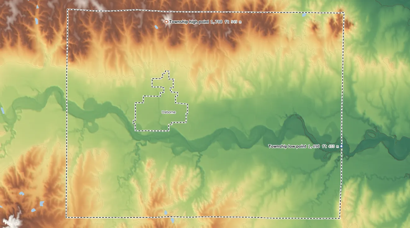 Topographic elevation map of Penn Township, Kansas, shaded from 1,490 ft on the east side to 1,780 ft on North Hill