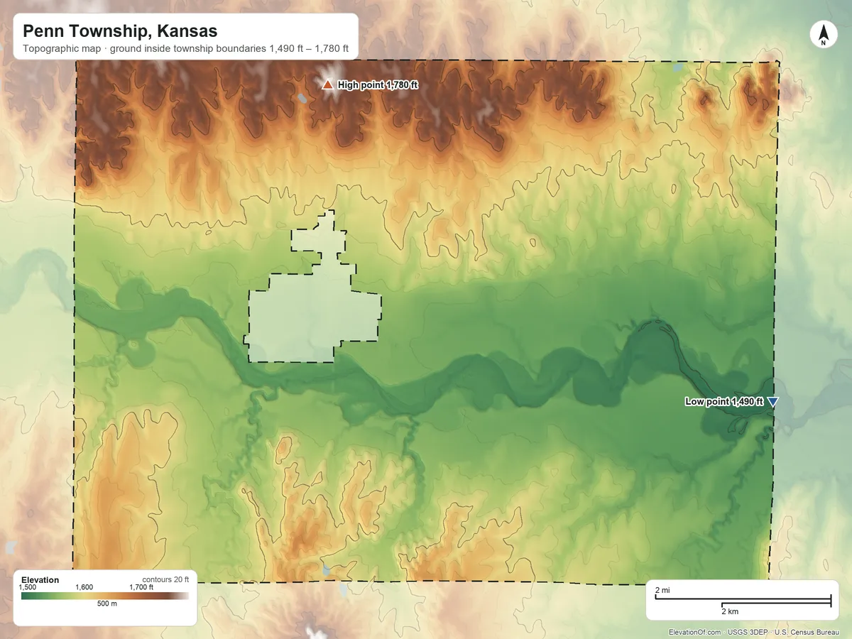 Topographic elevation map of Penn Township, Kansas, shaded from 1,490 ft on the east side to 1,780 ft on North Hill