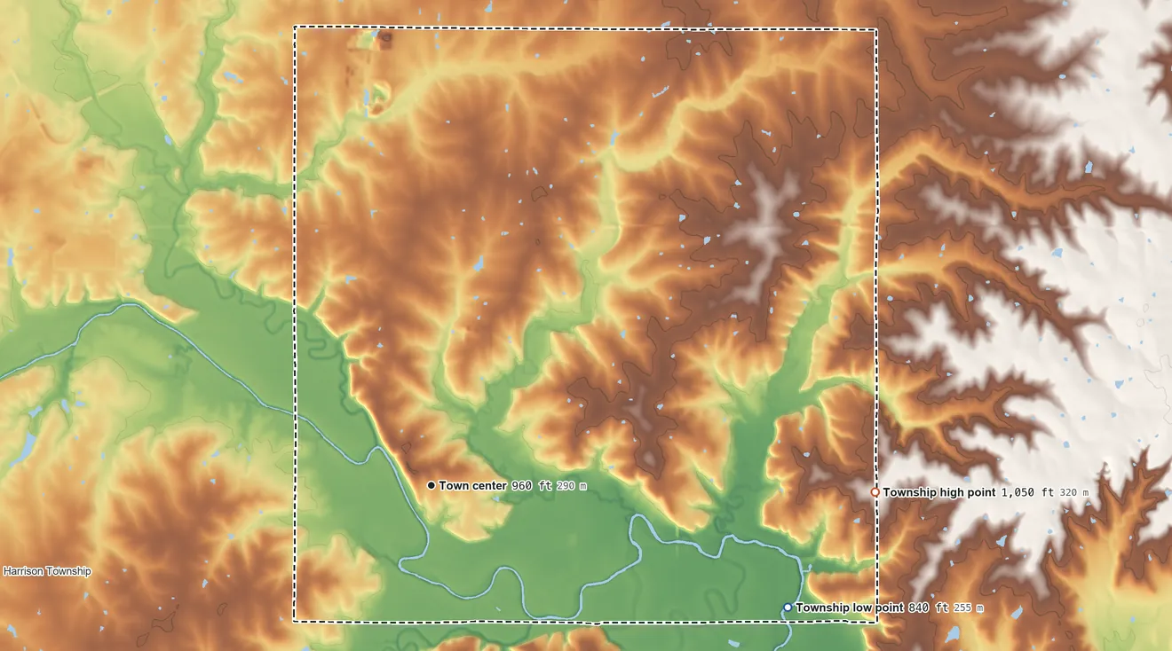 Topographic elevation map of Peoria Township, Kansas, shaded from 840 ft on the east side to 1,050 ft on the east side