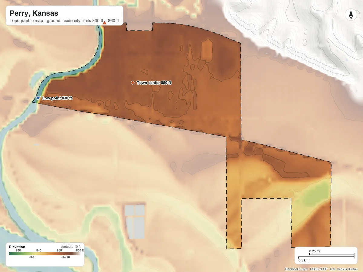 Topographic elevation map of Perry, Kansas, shaded from 830 ft on the west side to 860 ft on the northwest side