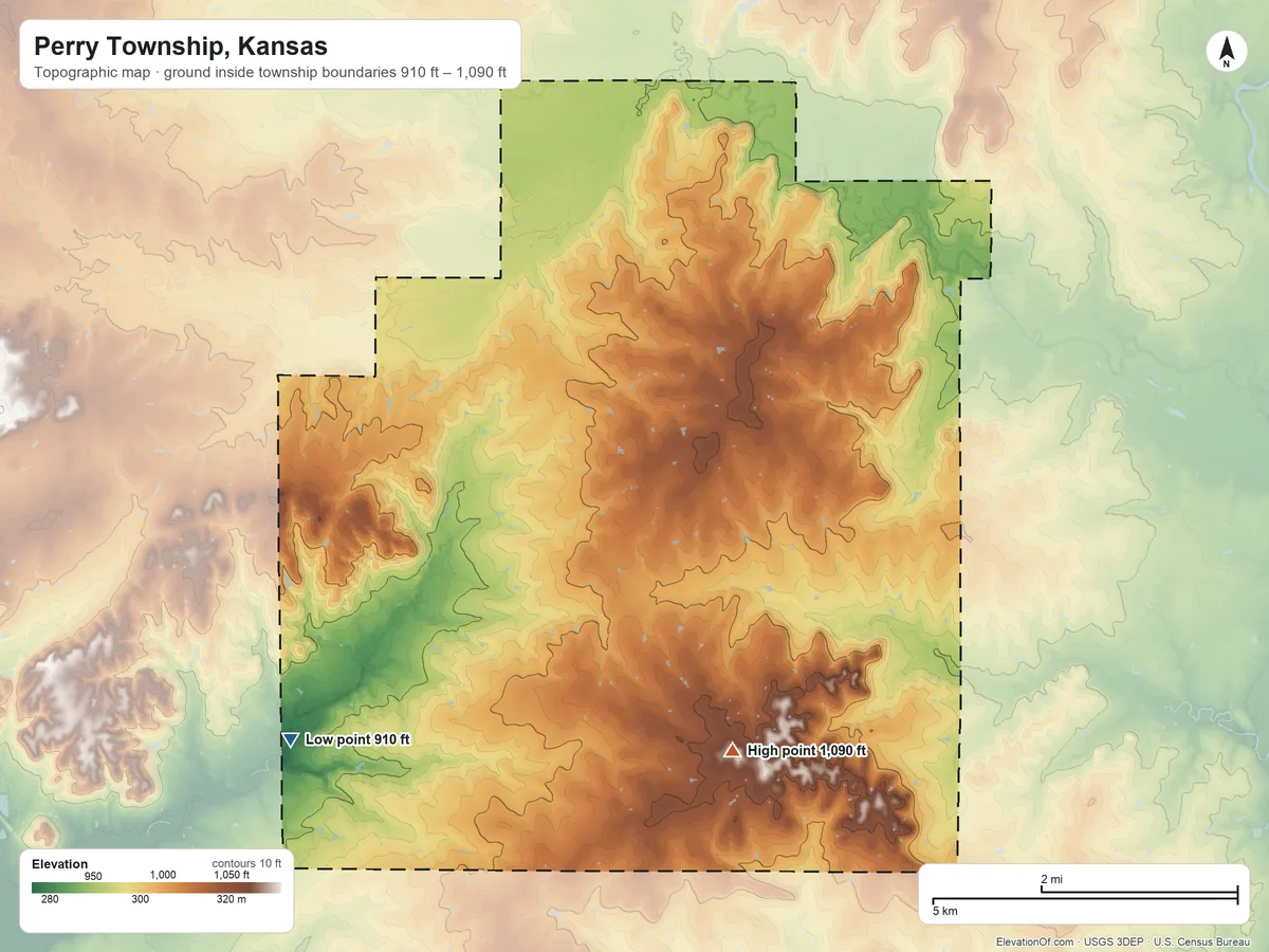 Topographic elevation map of Perry Township, Kansas, shaded from 910 ft on the southwest side to 1,090 ft on the southeast side
