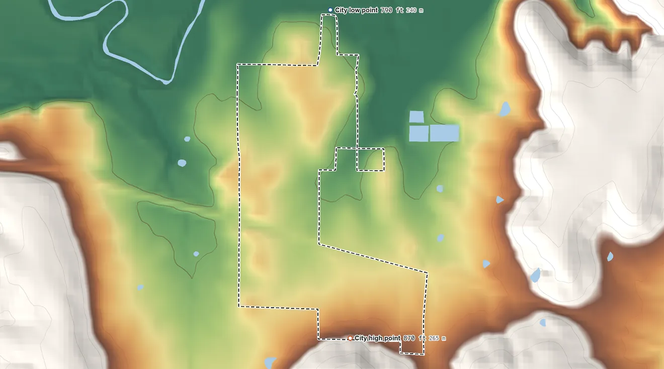 Topographic elevation map of Peru, Kansas, shaded from 790 ft on the north side to 870 ft on the south side