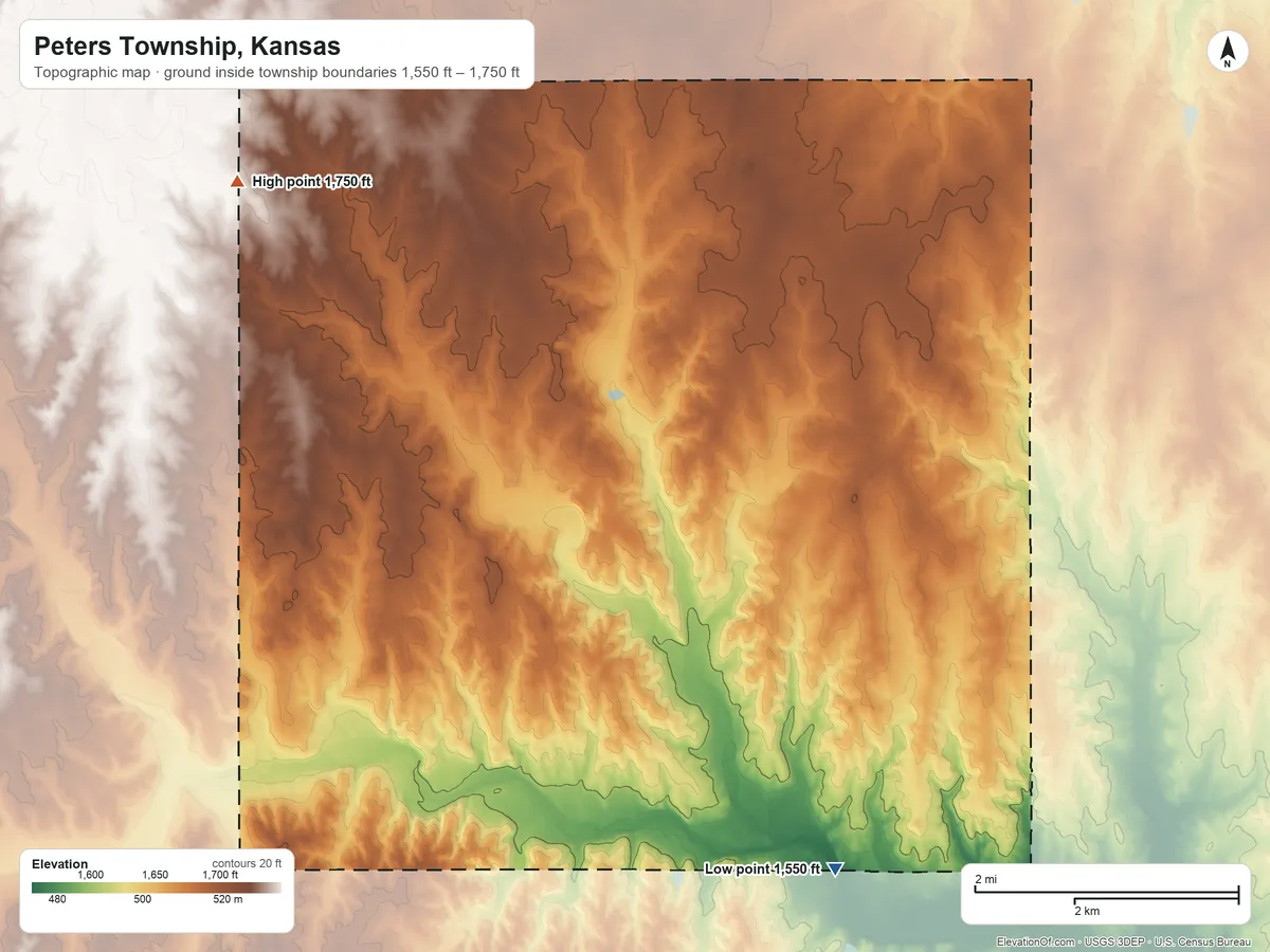 Topographic elevation map of Peters Township, Kansas, shaded from 1,550 ft on the south side to 1,750 ft on the northwest side