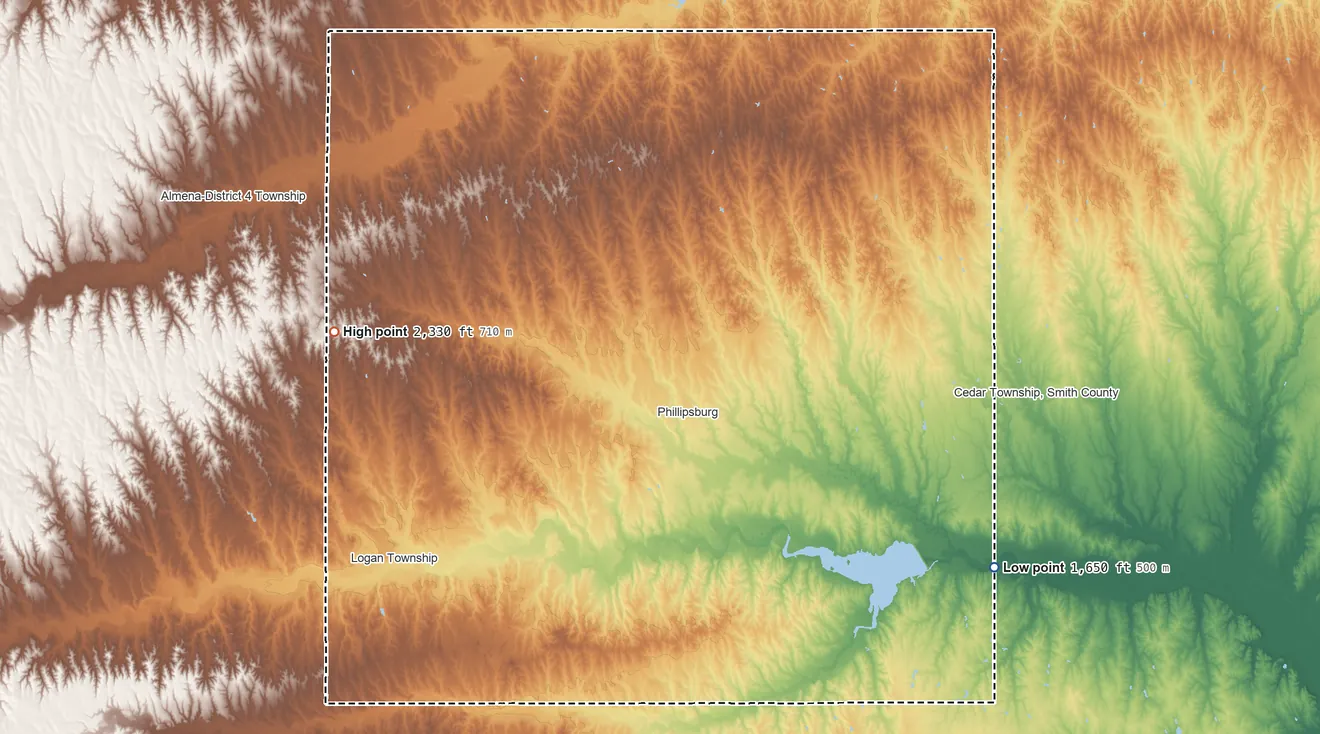 Topographic elevation map of Phillips County, Kansas, shaded from 1,650 ft on the southeast side to 2,330 ft on the west side