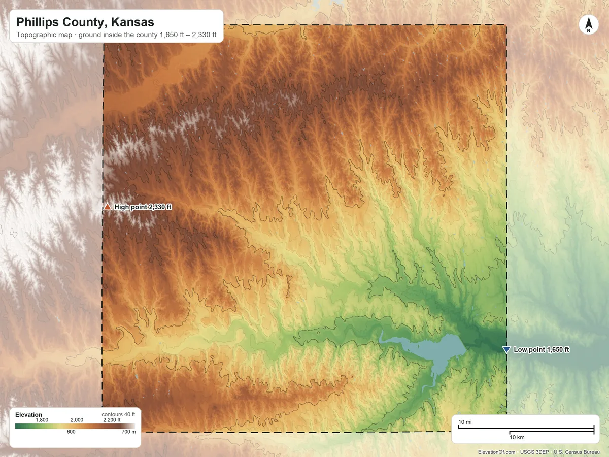 Topographic elevation map of Phillips County, Kansas, shaded from 1,650 ft on the southeast side to 2,330 ft on the west side