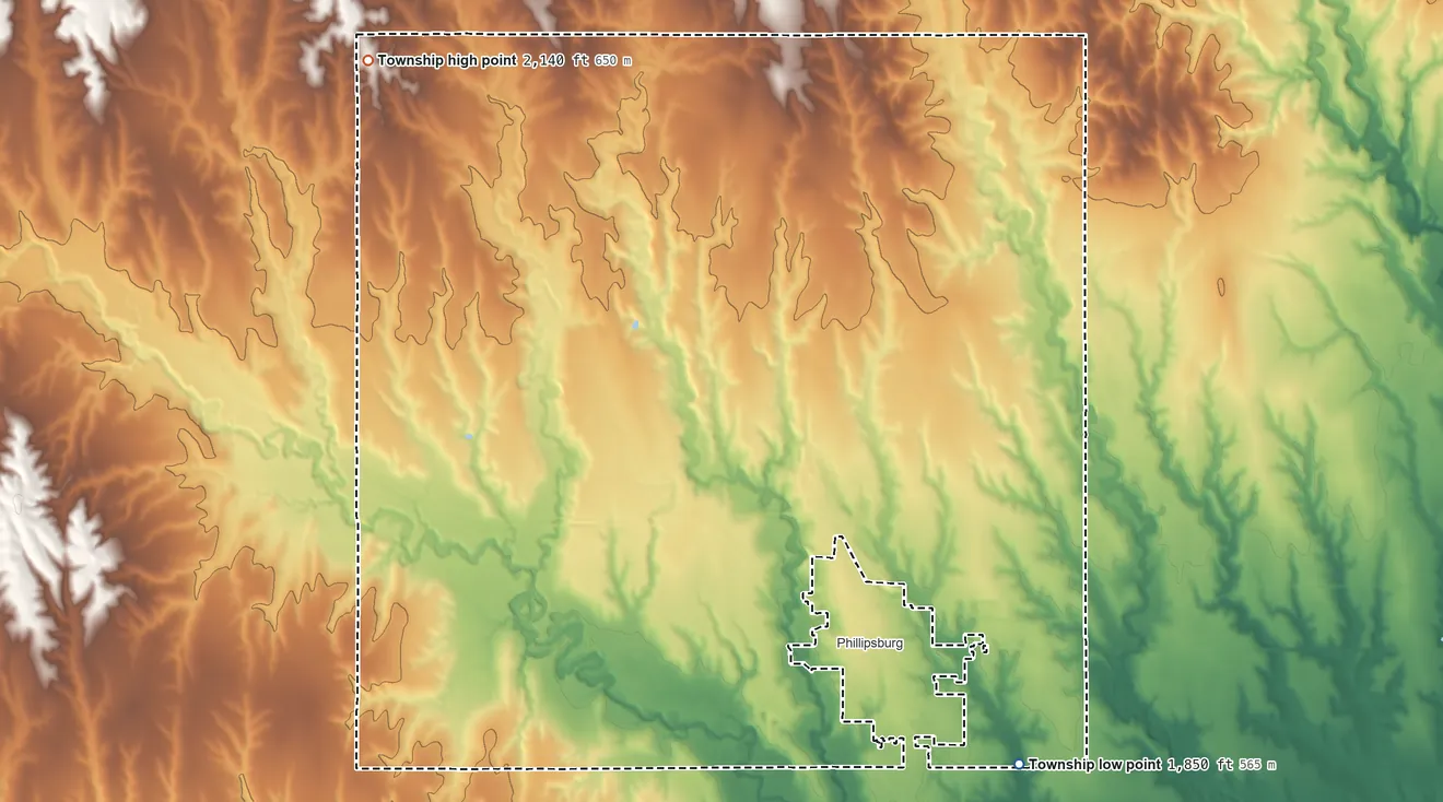 Topographic elevation map of Phillipsburg Township, Kansas, shaded from 1,850 ft on the southeast side to 2,140 ft on the northwest side