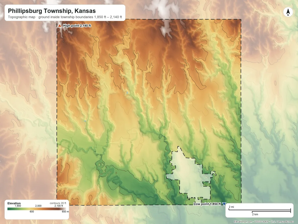 Topographic elevation map of Phillipsburg Township, Kansas, shaded from 1,850 ft on the southeast side to 2,140 ft on the northwest side