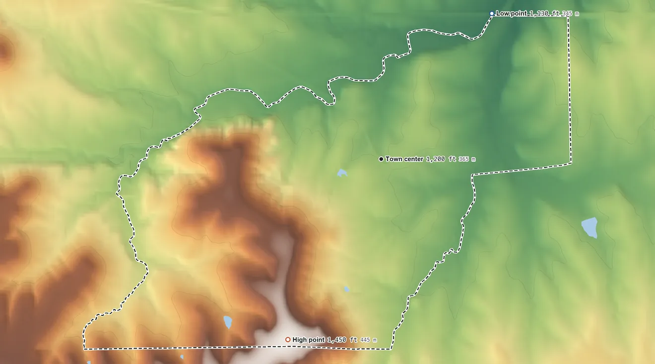 Topographic elevation map of Piedmont, Kansas, shaded from 1,130 ft on the northeast side to 1,450 ft on the southwest side