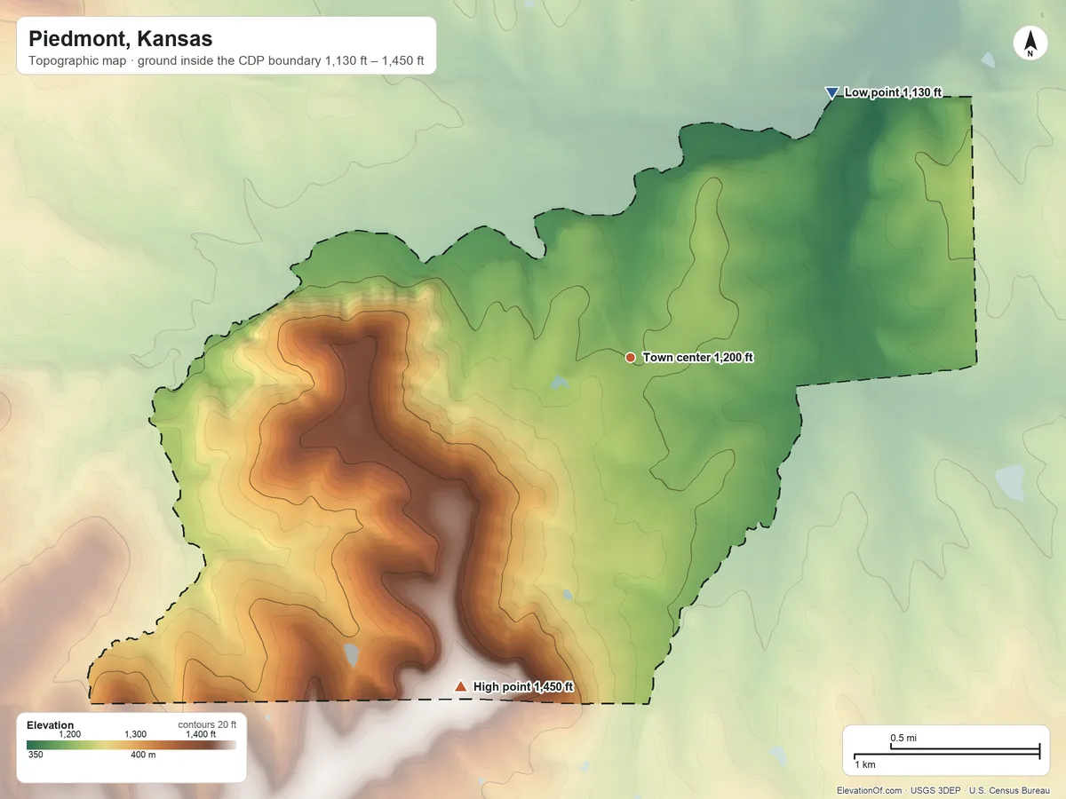 Topographic elevation map of Piedmont, Kansas, shaded from 1,130 ft on the northeast side to 1,450 ft on the southwest side