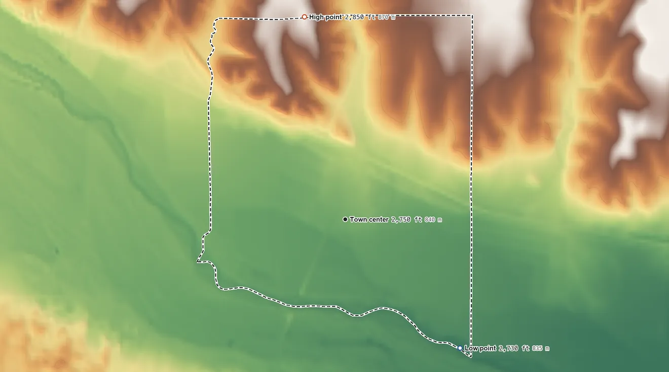 Topographic elevation map of Pierceville, Kansas, shaded from 2,730 ft on the southeast side to 2,850 ft on the north side