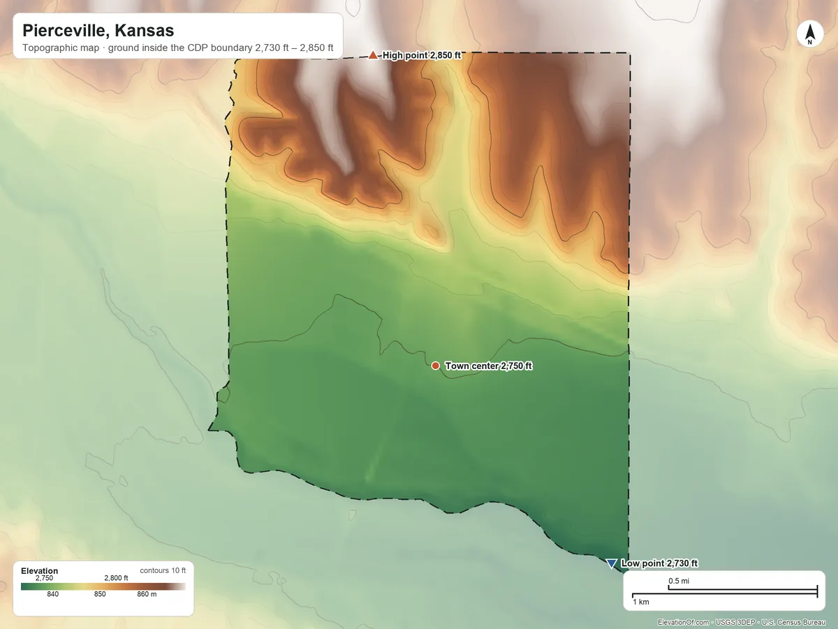 Topographic elevation map of Pierceville, Kansas, shaded from 2,730 ft on the southeast side to 2,850 ft on the north side