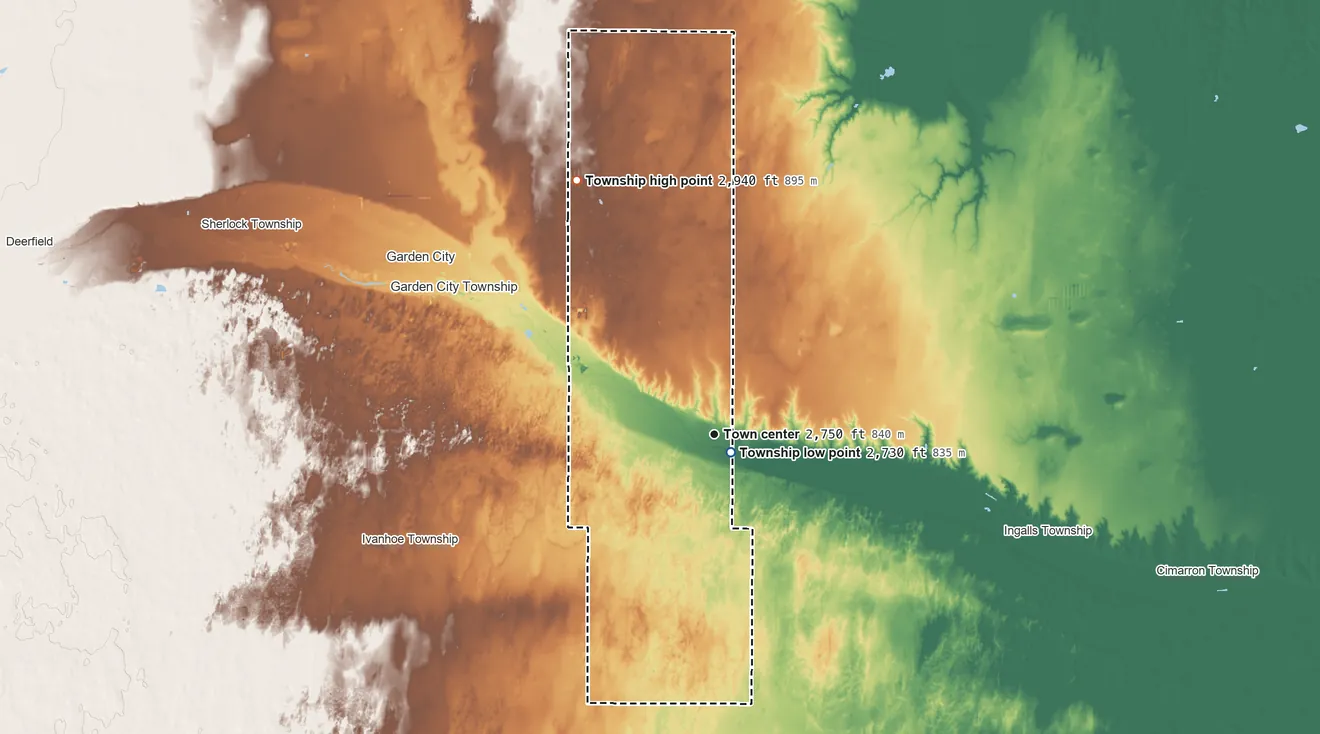 Topographic elevation map of Pierceville Township, Kansas, shaded from 2,730 ft near the middle to 2,940 ft on the northwest side