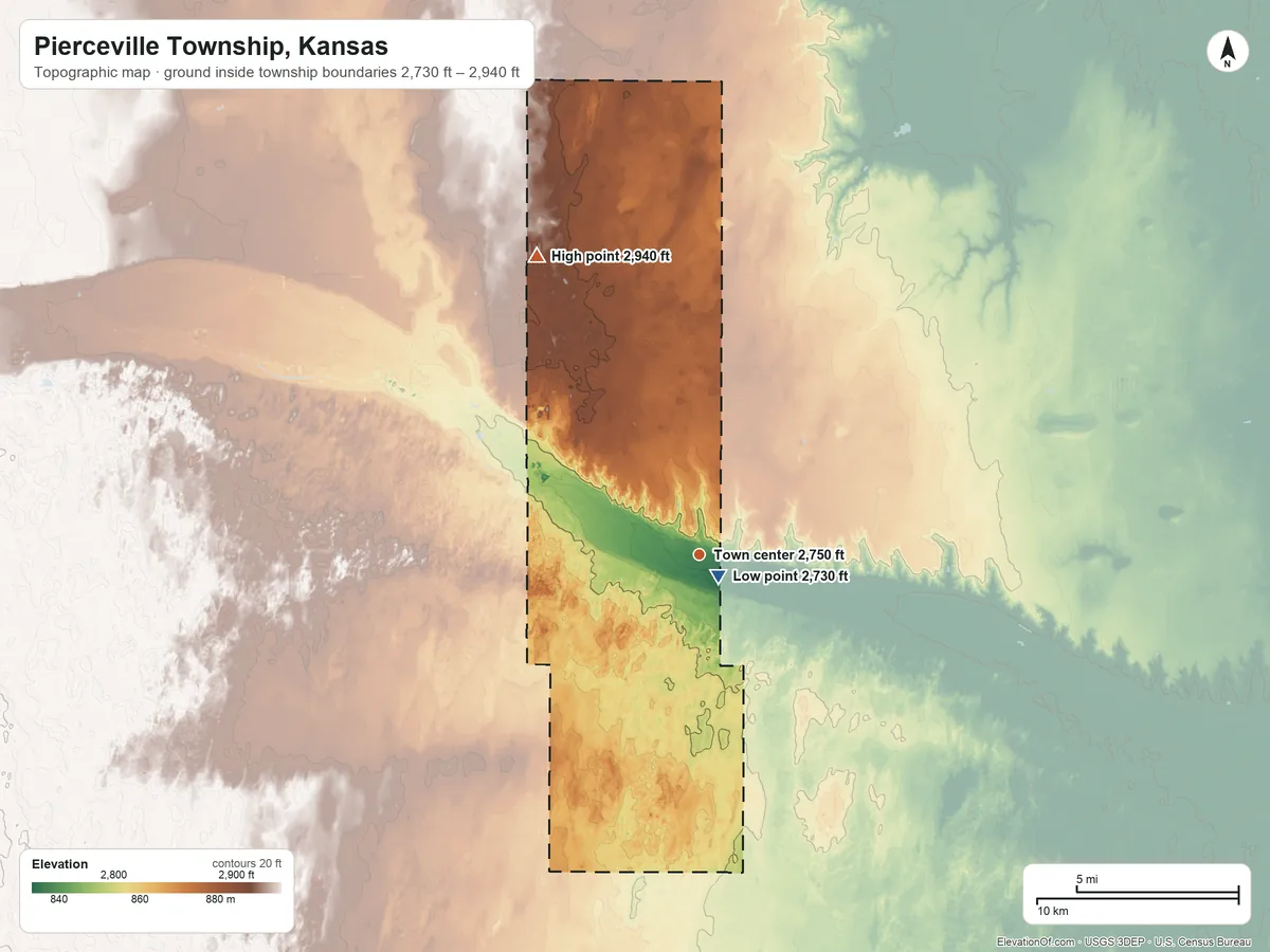 Topographic elevation map of Pierceville Township, Kansas, shaded from 2,730 ft near the middle to 2,940 ft on the northwest side