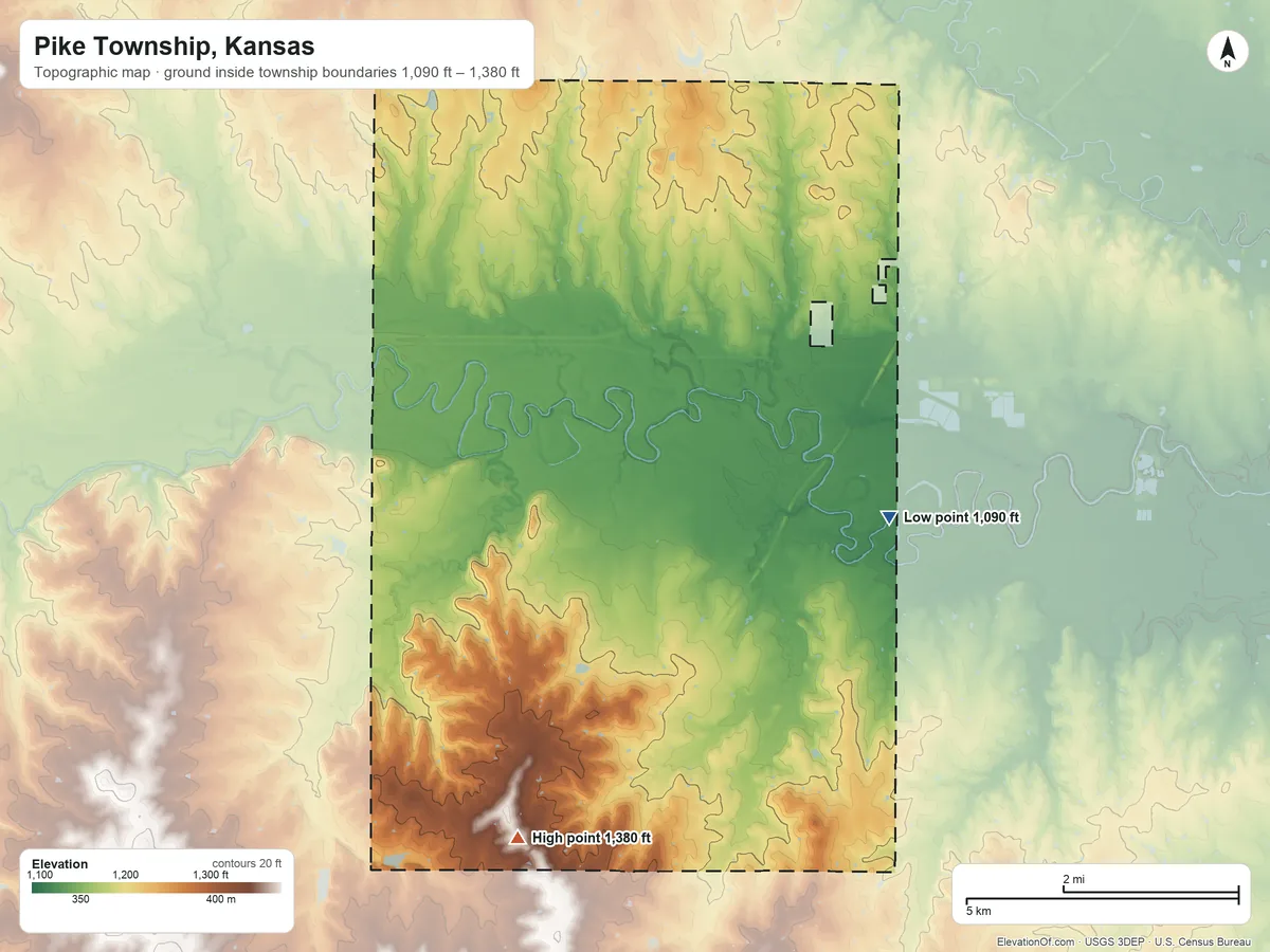 Topographic elevation map of Pike Township, Kansas, shaded from 1,090 ft on the southeast side to 1,380 ft on the south side