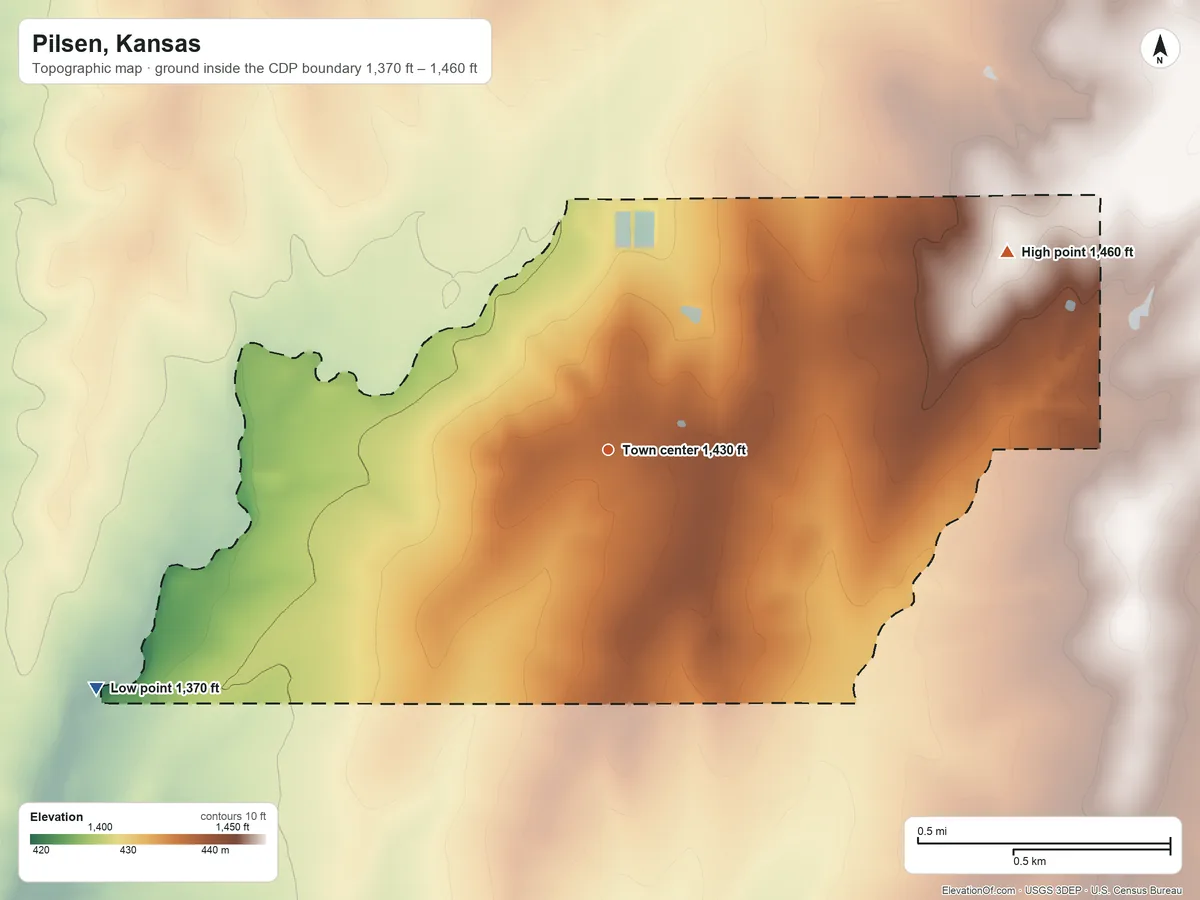 Topographic elevation map of Pilsen, Kansas, shaded from 1,370 ft on the southwest side to 1,460 ft on the northeast side