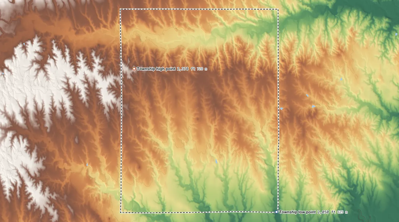 Topographic elevation map of Pioneer Township, Graham County, Kansas, shaded from 2,050 ft on the southeast side to 2,370 ft on the southwest side