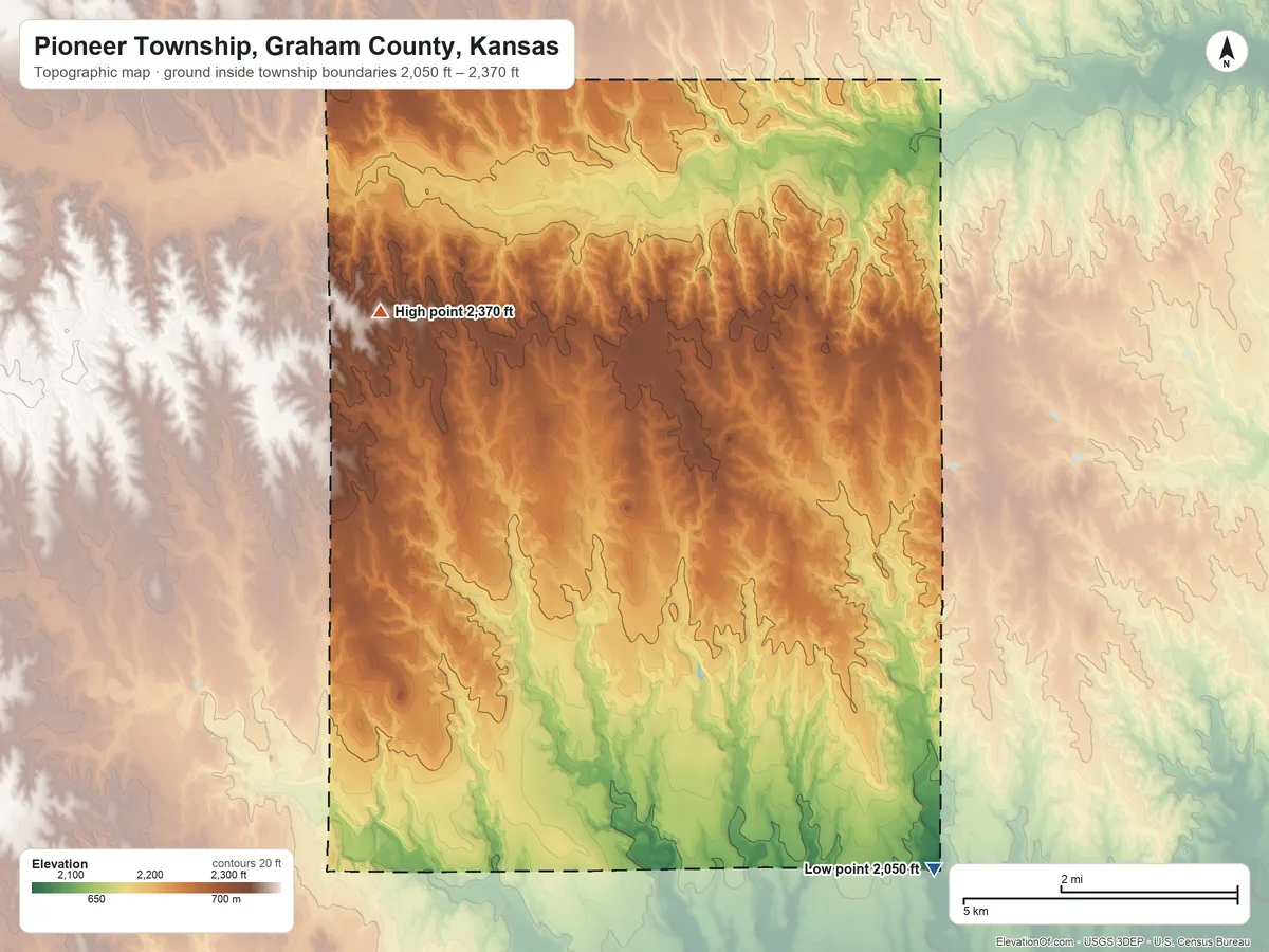 Topographic elevation map of Pioneer Township, Graham County, Kansas, shaded from 2,050 ft on the southeast side to 2,370 ft on the southwest side
