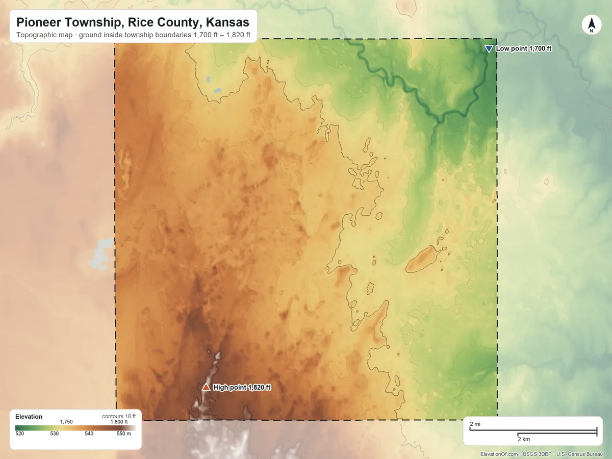 Topographic elevation map of Pioneer Township, Rice County, Kansas, shaded from 1,700 ft on the northeast side to 1,820 ft on the southwest side