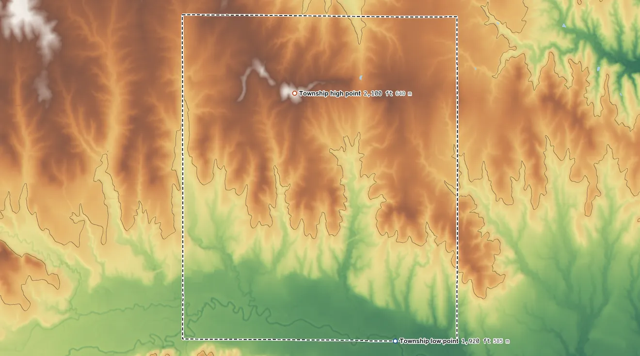 Topographic elevation map of Pioneer Township, Kansas, shaded from 1,920 ft on the south side to 2,100 ft on the northwest side