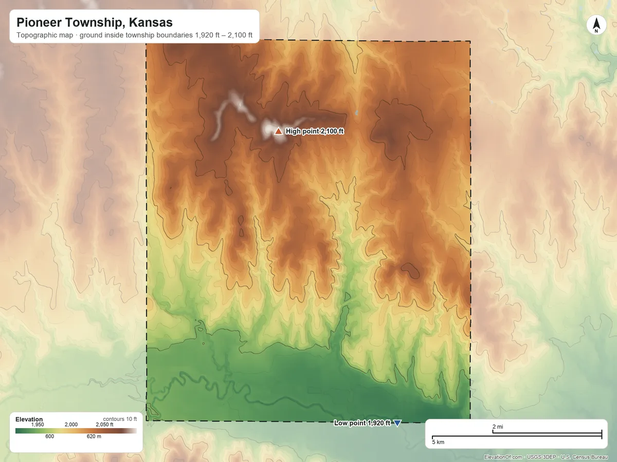 Topographic elevation map of Pioneer Township, Kansas, shaded from 1,920 ft on the south side to 2,100 ft on the northwest side