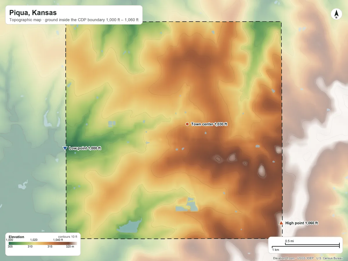 Topographic elevation map of Piqua, Kansas, shaded from 1,000 ft on the west side to 1,060 ft on the southeast side