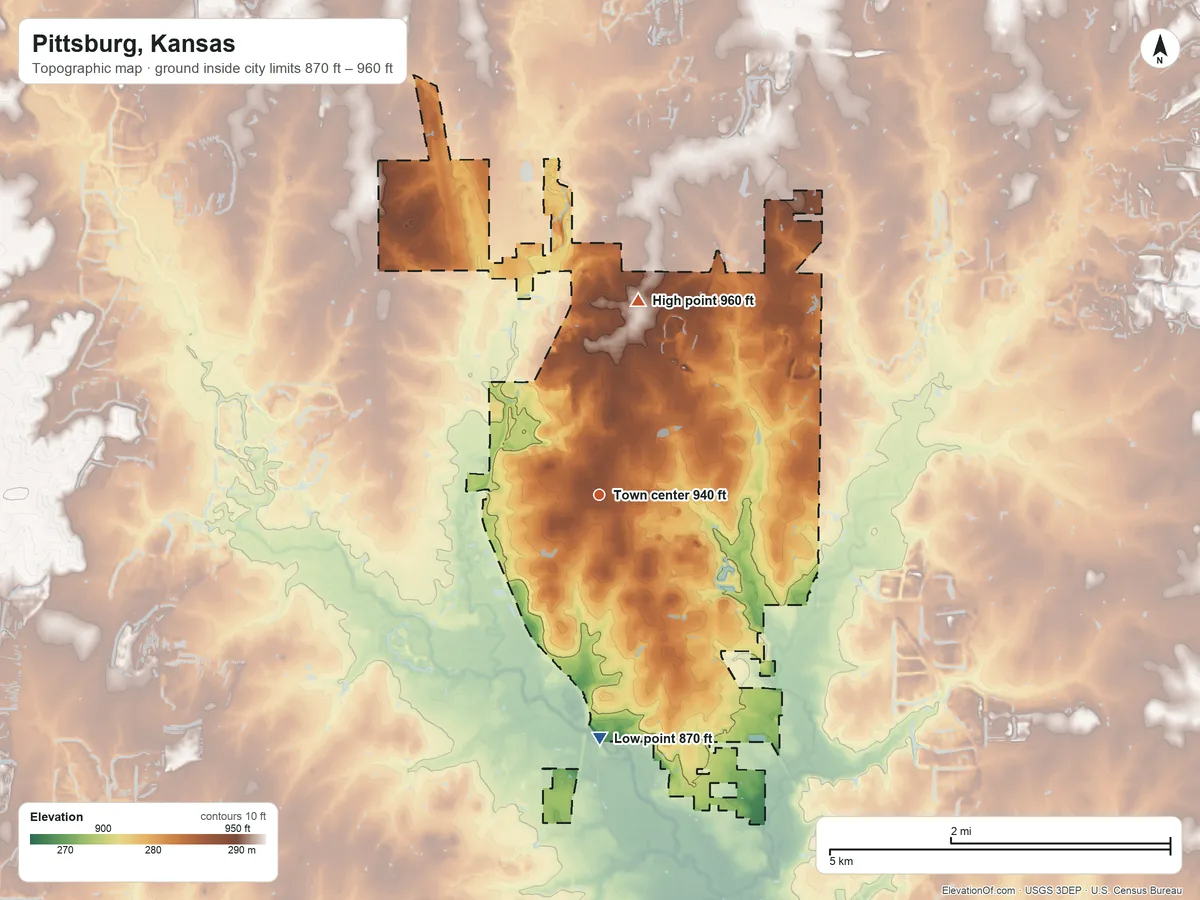 Topographic elevation map of Pittsburg, Kansas, shaded from 870 ft on the south side to 960 ft on the north side
