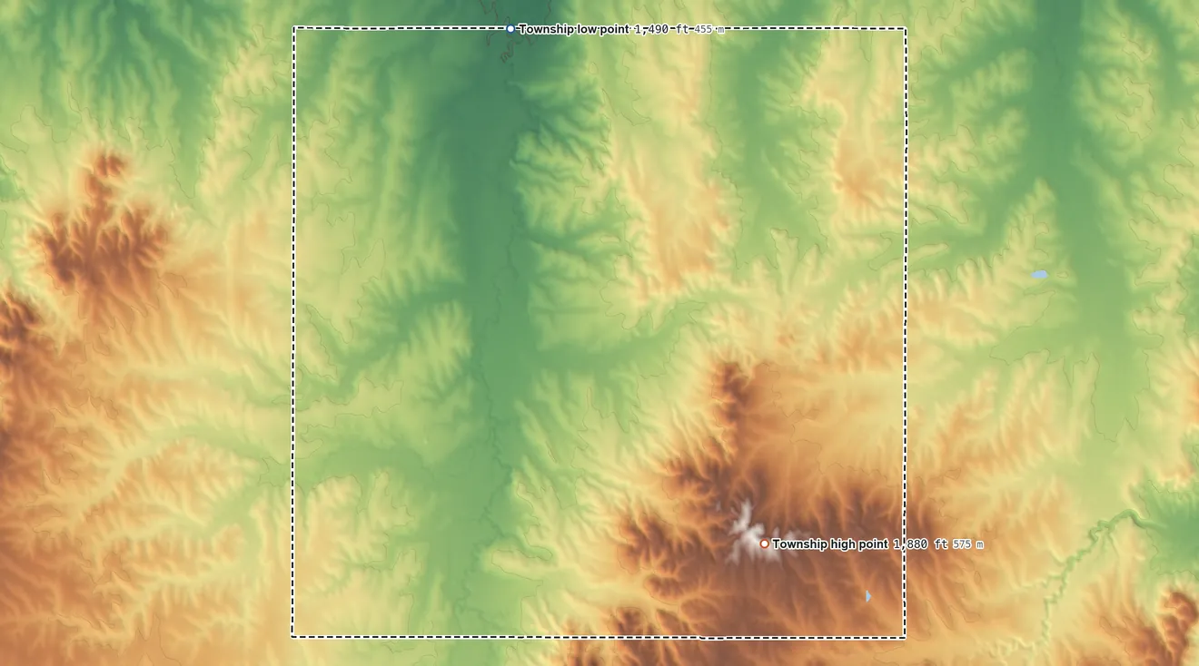 Topographic elevation map of Pittsburg Township, Kansas, shaded from 1,490 ft on the north side to 1,880 ft on the southeast side