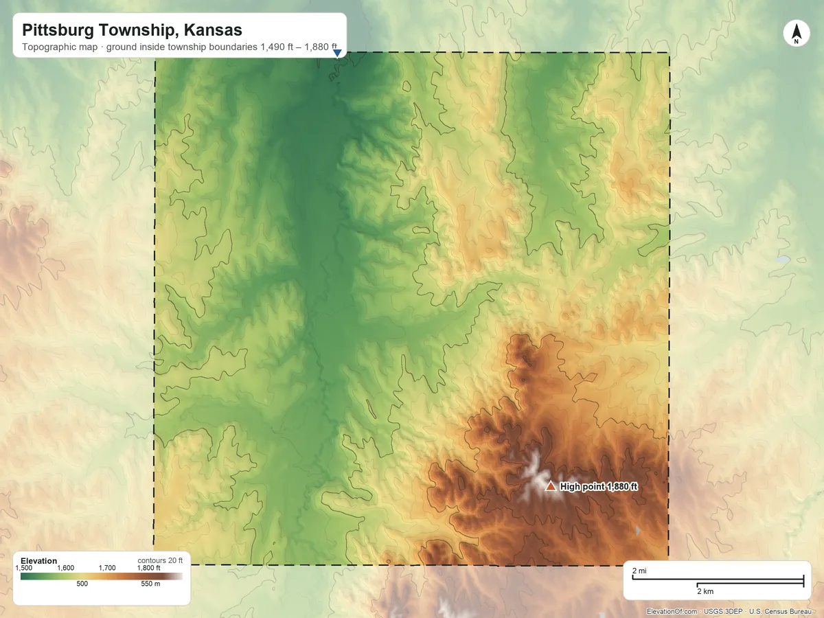 Topographic elevation map of Pittsburg Township, Kansas, shaded from 1,490 ft on the north side to 1,880 ft on the southeast side