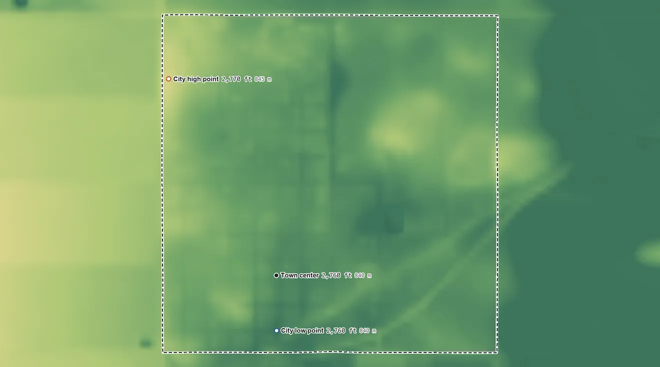 Topographic elevation map of Plains, Kansas, shaded from 2,760 ft on the south side to 2,770 ft on the northwest side
