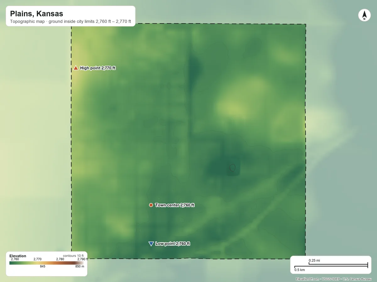 Topographic elevation map of Plains, Kansas, shaded from 2,760 ft on the south side to 2,770 ft on the northwest side