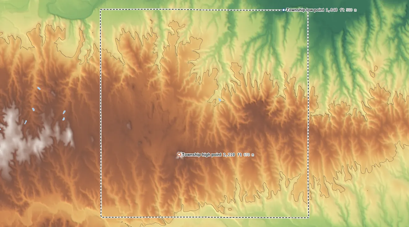 Topographic elevation map of Plainview Township, Kansas, shaded from 1,840 ft on the north side to 2,210 ft on the west side