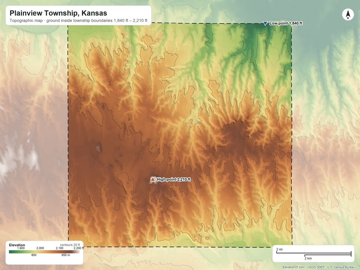Topographic elevation map of Plainview Township, Kansas, shaded from 1,840 ft on the north side to 2,210 ft on the west side