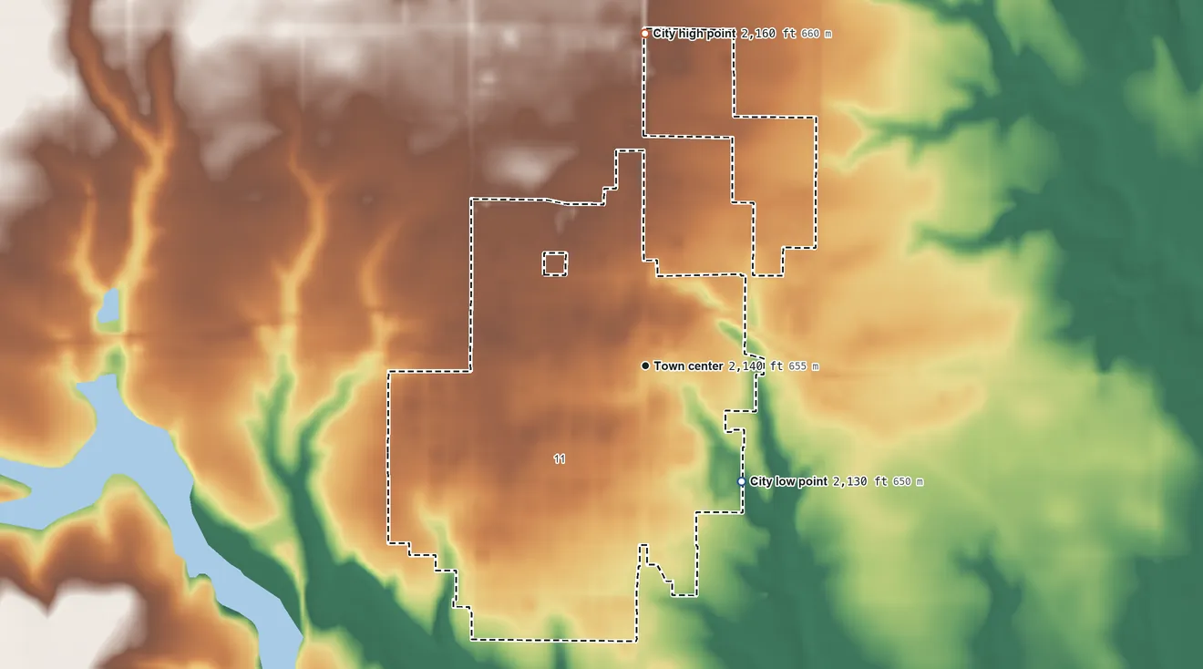 Topographic elevation map of Plainville, Kansas, shaded from 2,130 ft on the southeast side to 2,160 ft on the north side