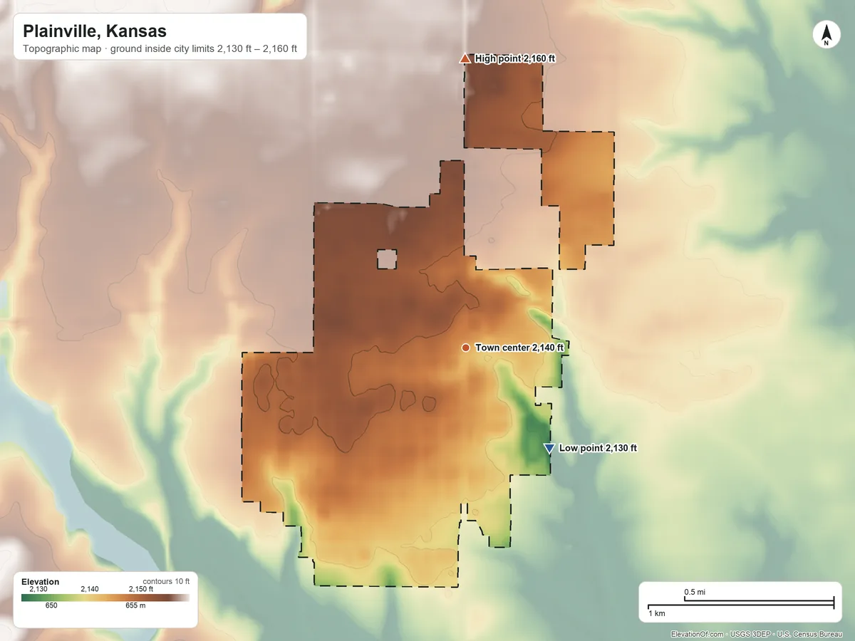 Topographic elevation map of Plainville, Kansas, shaded from 2,130 ft on the southeast side to 2,160 ft on the north side
