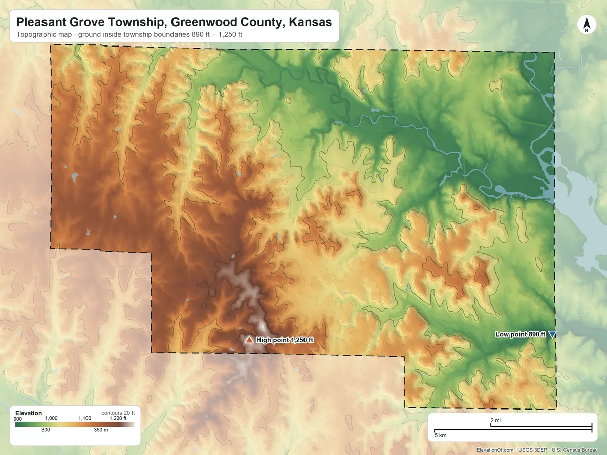 Topographic elevation map of Pleasant Grove Township, Greenwood County, Kansas, shaded from 890 ft on the southeast side to 1,250 ft on the southwest side