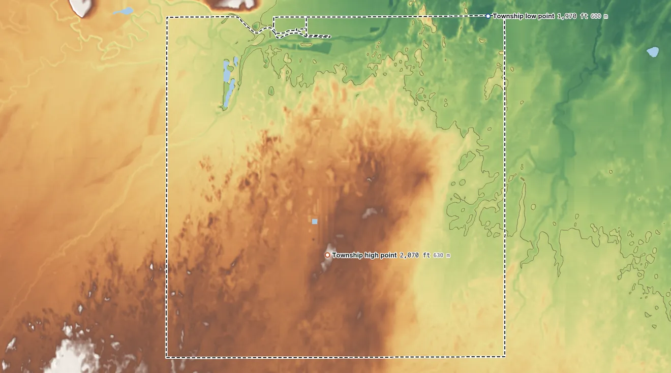 Topographic elevation map of Pleasant Grove Township, Kansas, shaded from 1,970 ft on the northeast side to 2,070 ft on the south side
