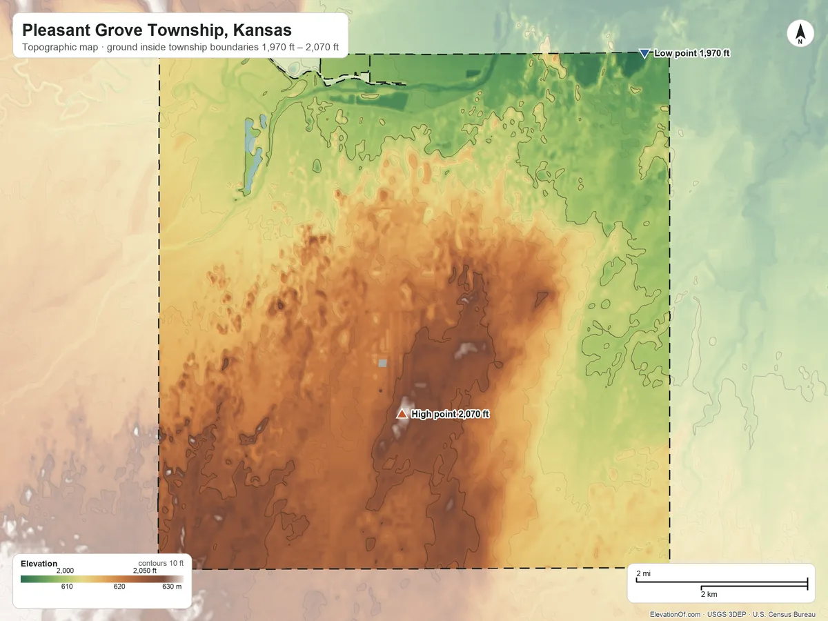 Topographic elevation map of Pleasant Grove Township, Kansas, shaded from 1,970 ft on the northeast side to 2,070 ft on the south side