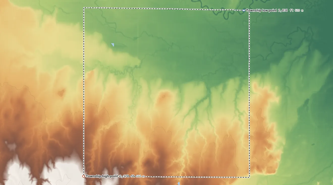 Topographic elevation map of Pleasant Ridge Township, Kansas, shaded from 2,030 ft on the northeast side to 2,170 ft on the southwest side